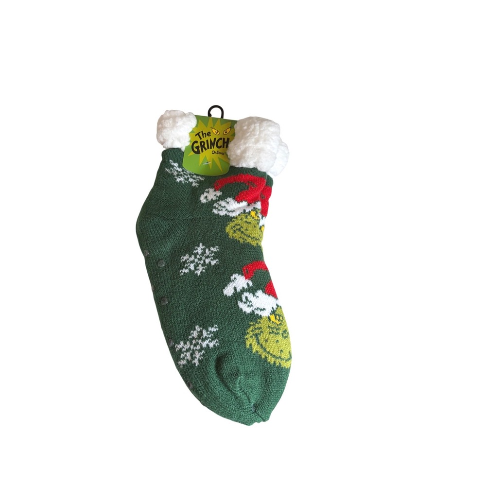 The Grinch Dr Seuss Slipper Socks Green Sherpa Lined Non-Slip Christmas 5-10